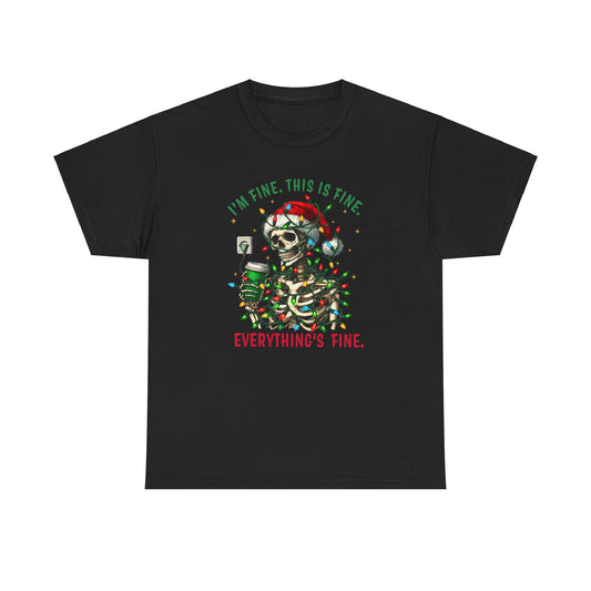 Funny Christmas Skeleton Tee - 'I'm Fine, This is Fine' Holiday T-Shirt