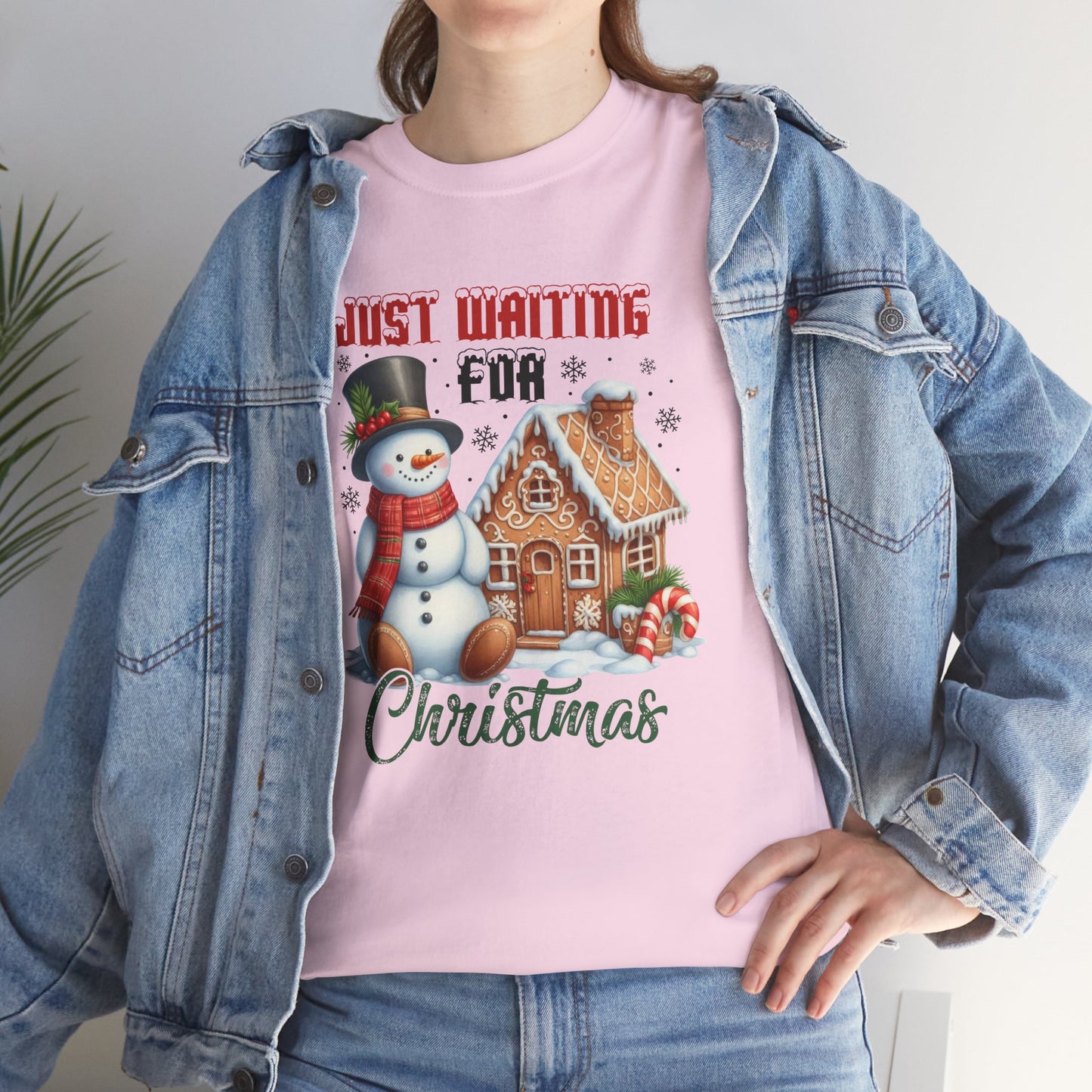 Christmas Snowman Heavy Cotton Tee - 'Just Waiting for Christmas'