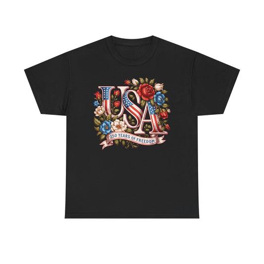 USA Floral Patriotic T-Shirt – "250 Years of Freedom" Vintage Americana Tee