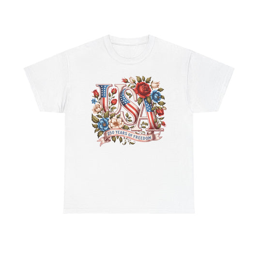 USA Floral Patriotic T-Shirt – "250 Years of Freedom" Vintage Americana Tee