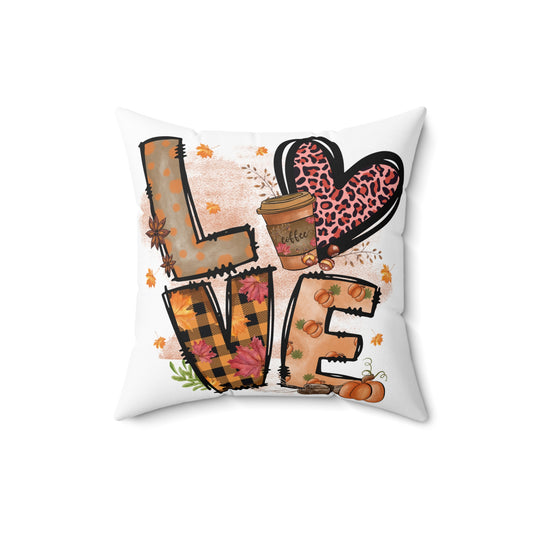 Autumn LOVE Pillow — Fall Plaid Pumpkin Coffee Decorative Throw Pillow