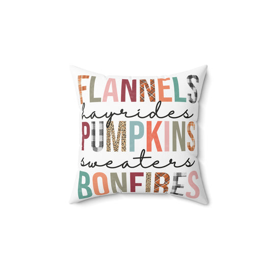 Autumn Vibes Pillow — “Flannels, Hayrides, Pumpkins, Sweaters, Bonfires” Decorative Throw Pillow