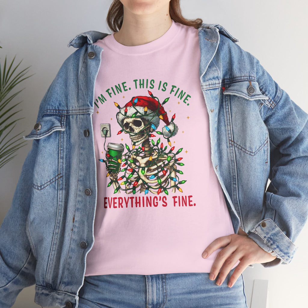 Funny Christmas Skeleton Tee - 'I'm Fine, This is Fine' Holiday T-Shirt