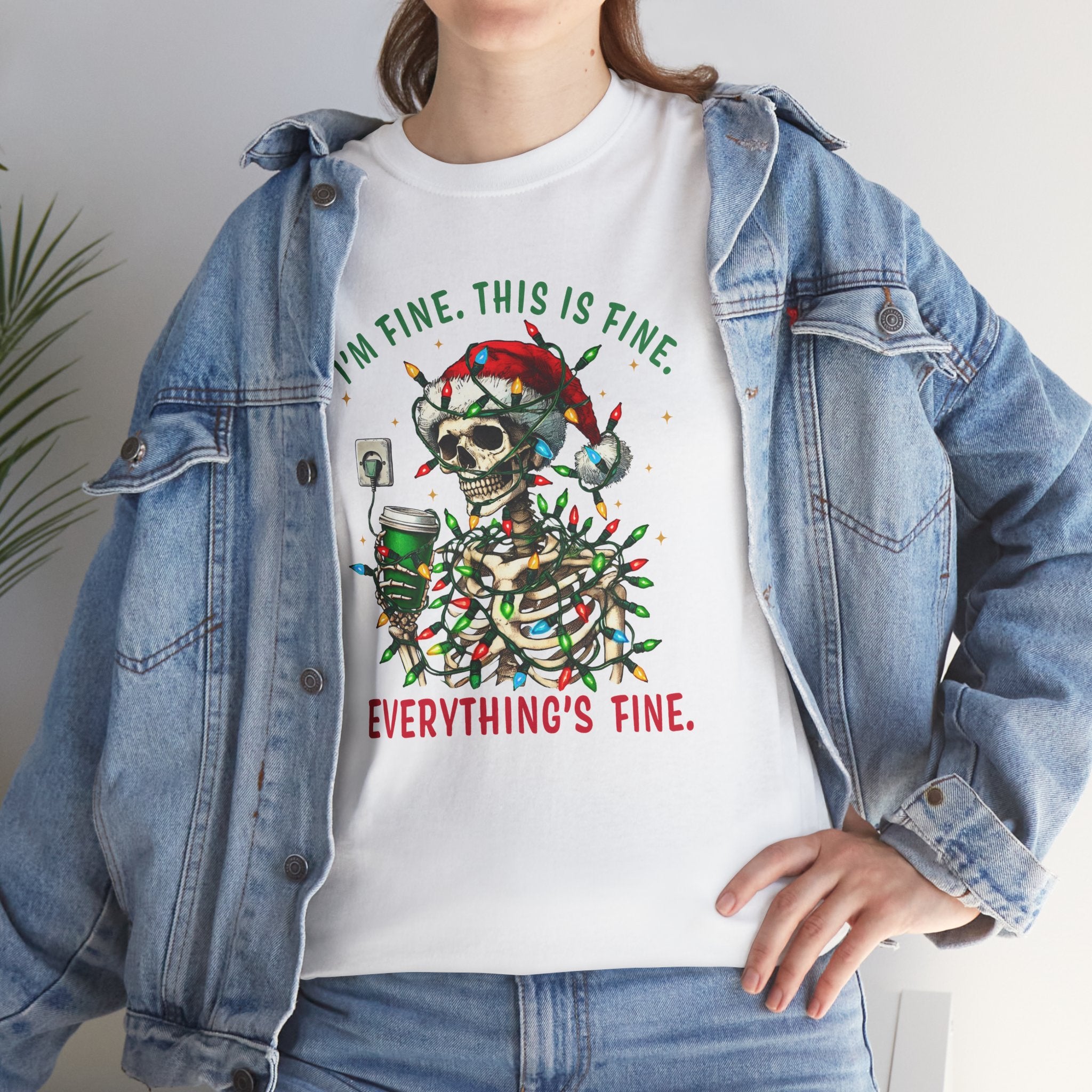 Funny Christmas Skeleton Tee - 'I'm Fine, This is Fine' Holiday T-Shirt
