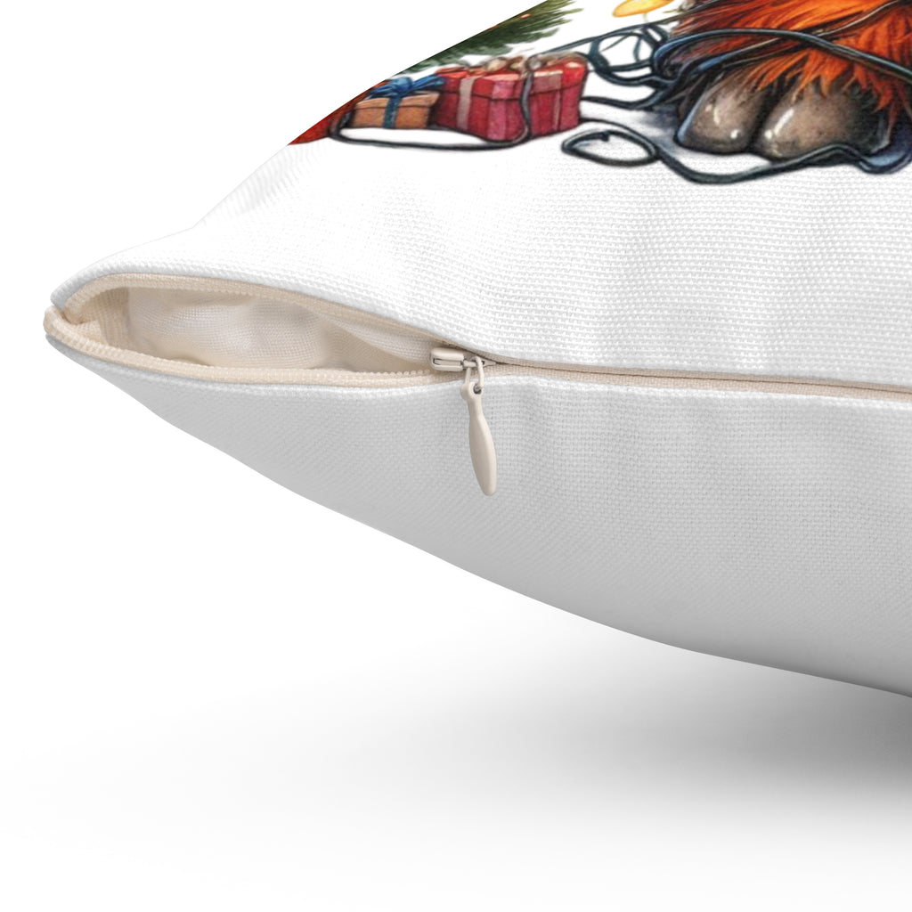 Festive Highland Cow Pillow - Holiday Decor with Christmas Lights