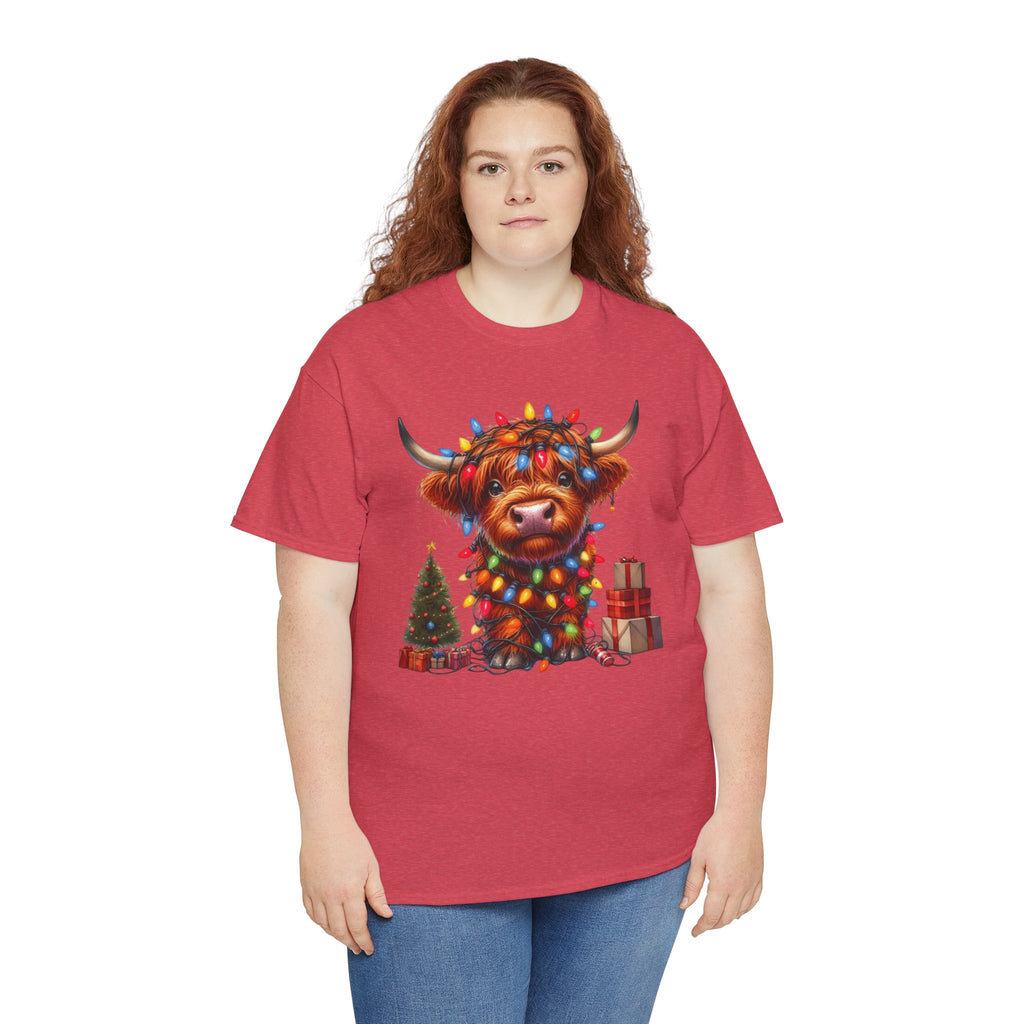 Festive Highland Cow Heavy Cotton Tee - Holiday Cheer