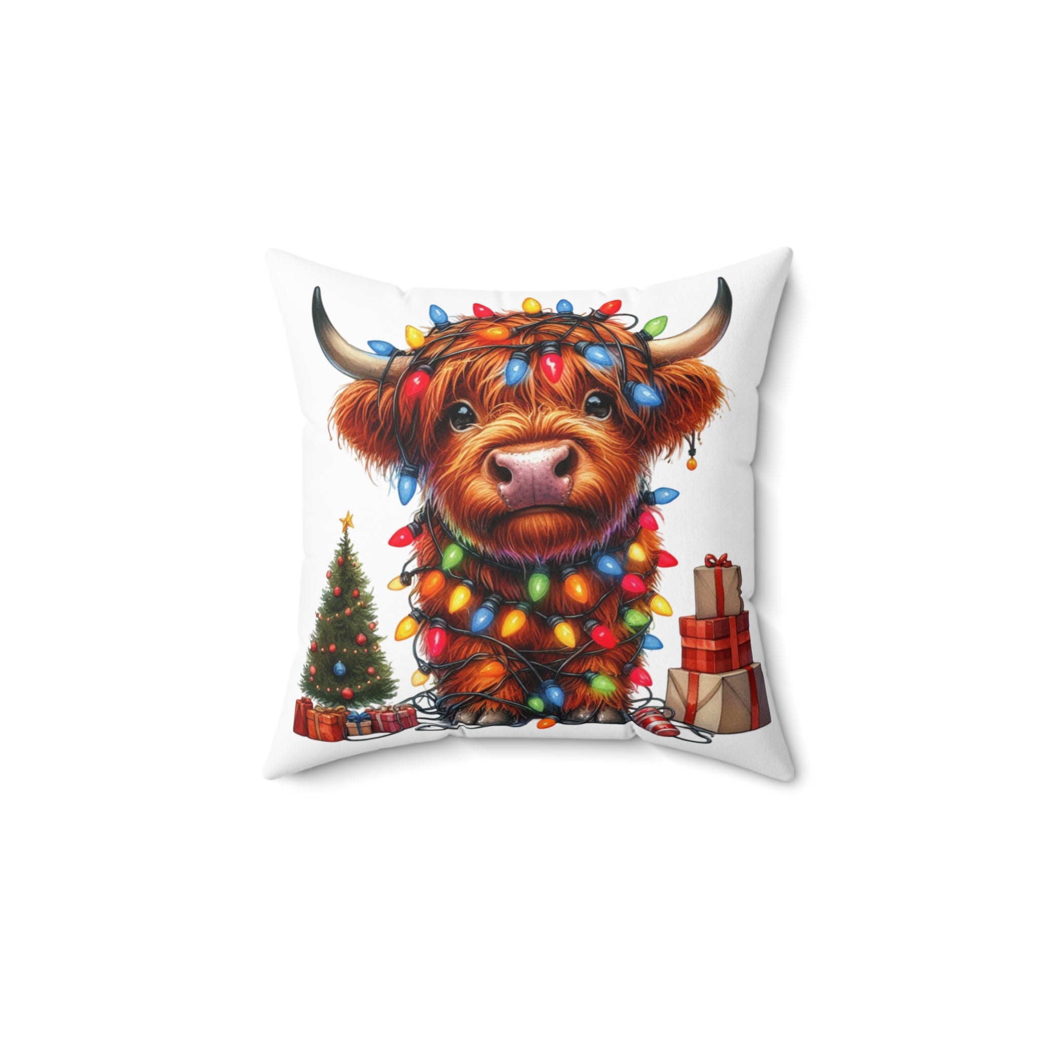 Festive Highland Cow Pillow - Holiday Decor with Christmas Lights
