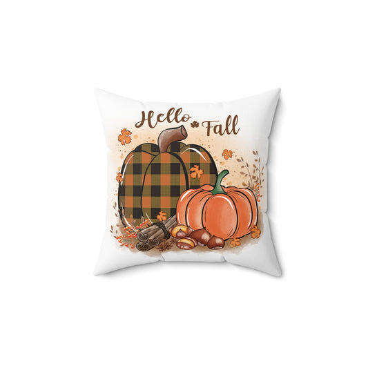 Hello Fall Pumpkin Throw Pillow — Plaid & Orange Autumn Decor
