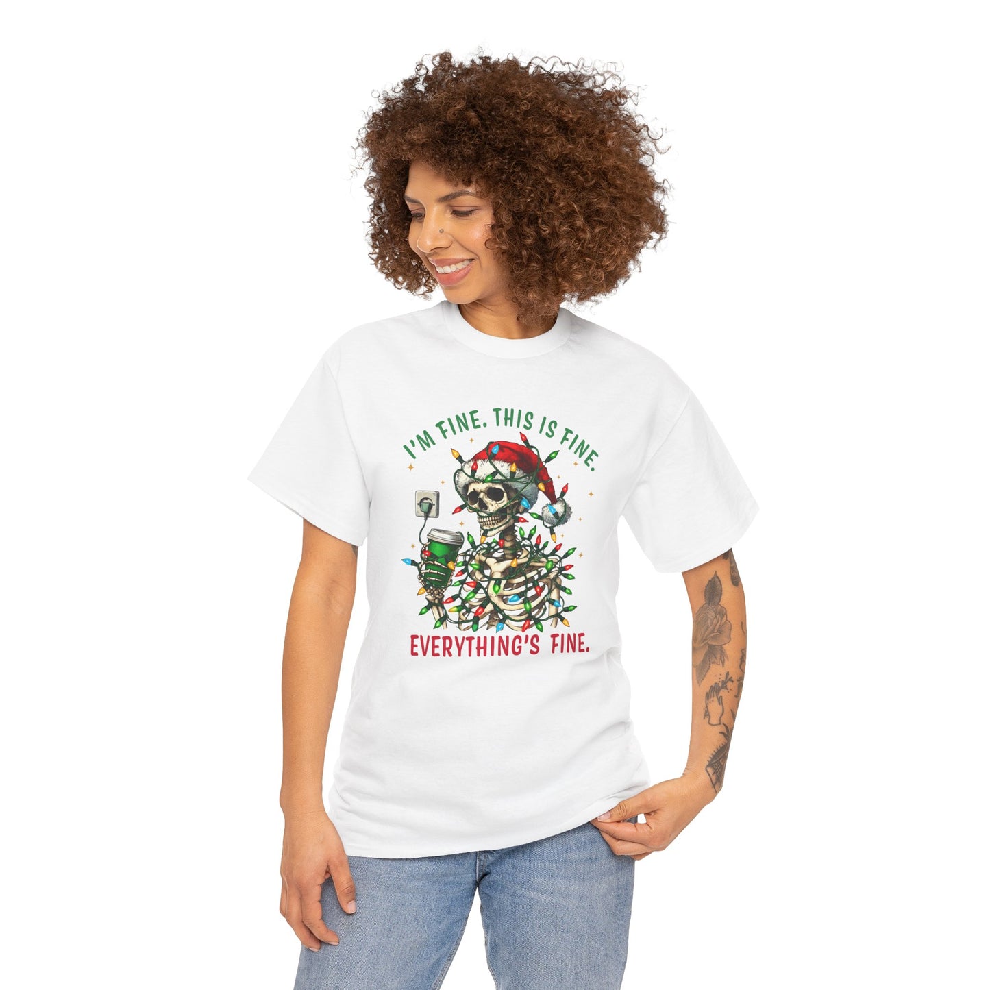 Funny Christmas Skeleton Tee - 'I'm Fine, This is Fine' Holiday T-Shirt