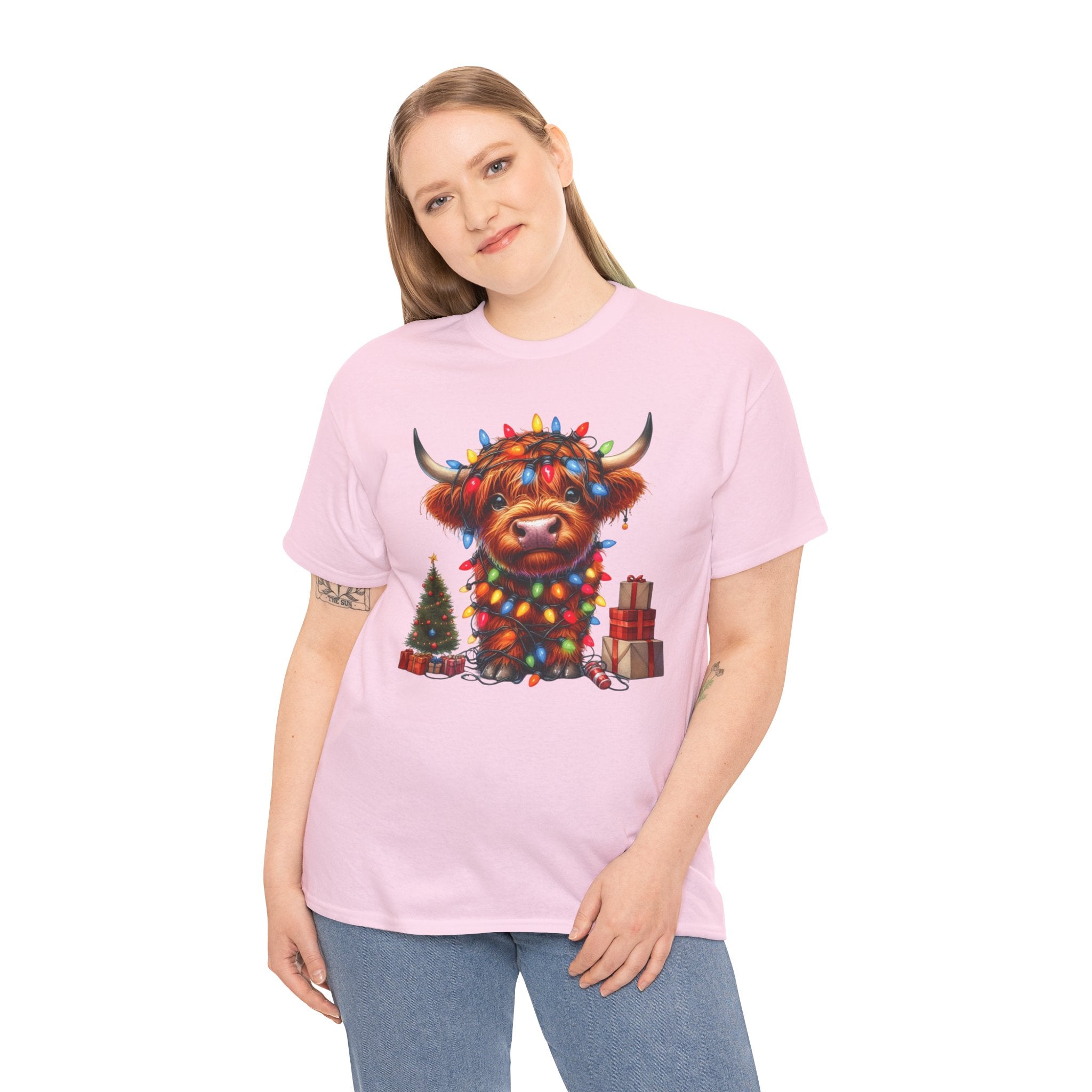 Festive Highland Cow Heavy Cotton Tee - Holiday Cheer