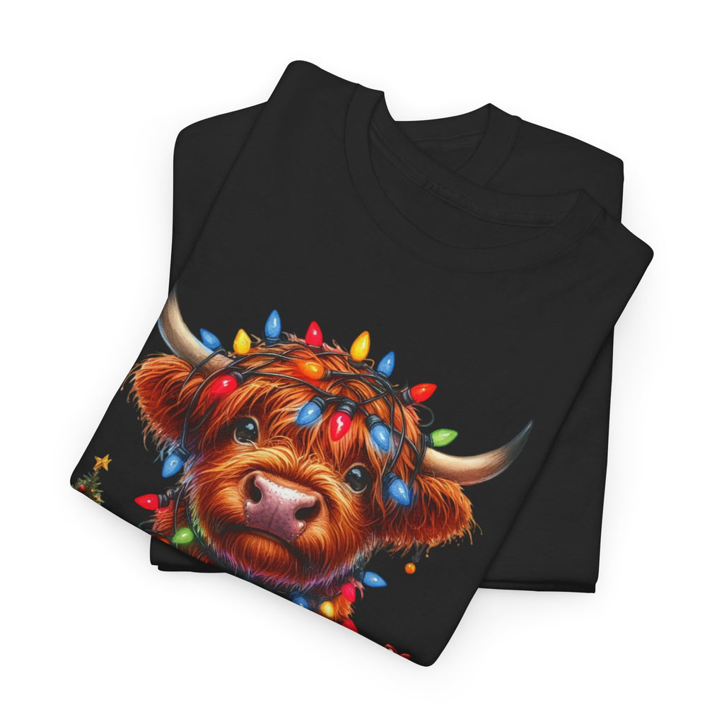 Festive Highland Cow Heavy Cotton Tee - Holiday Cheer