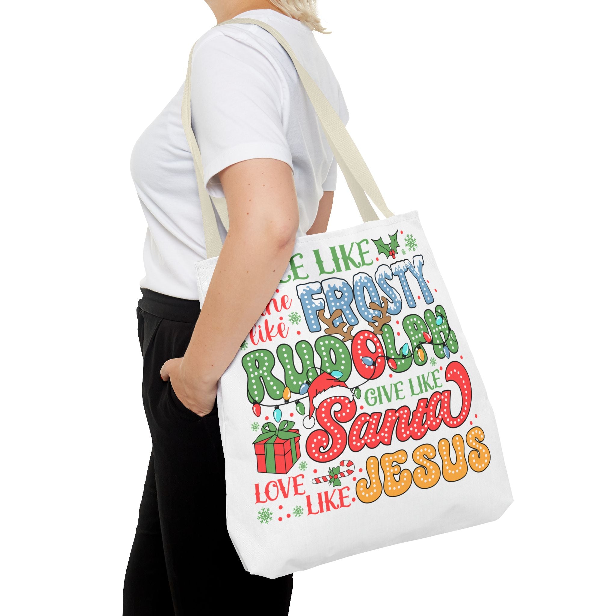 Joyful Holiday Tote Bag - Dance Like Frosty, Shine Like Rudolph, Give Like Santa, Love Like Jesus