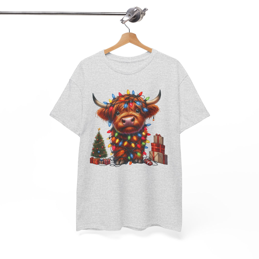 Festive Highland Cow Heavy Cotton Tee - Holiday Cheer