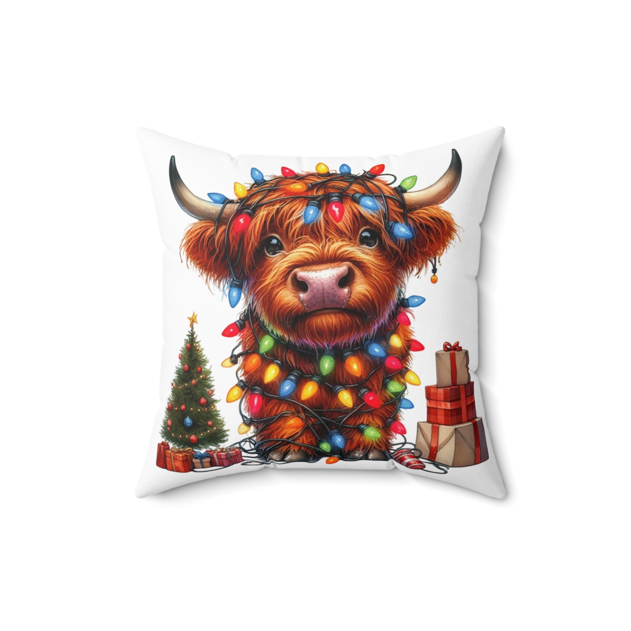 Festive Highland Cow Pillow - Holiday Decor with Christmas Lights