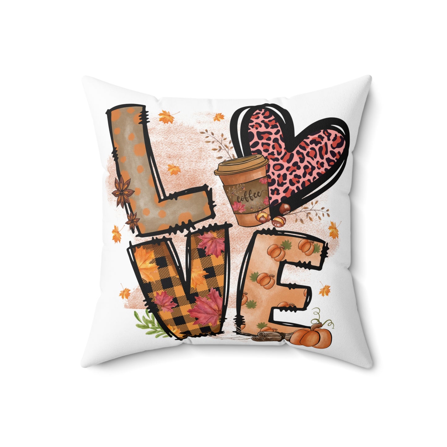 Autumn LOVE Pillow — Fall Plaid Pumpkin Coffee Decorative Throw Pillow
