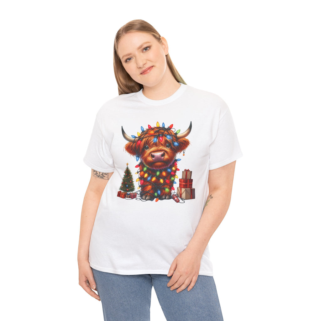 Festive Highland Cow Heavy Cotton Tee - Holiday Cheer