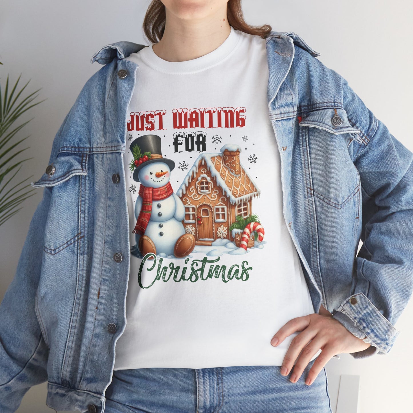 Christmas Snowman Heavy Cotton Tee - 'Just Waiting for Christmas'