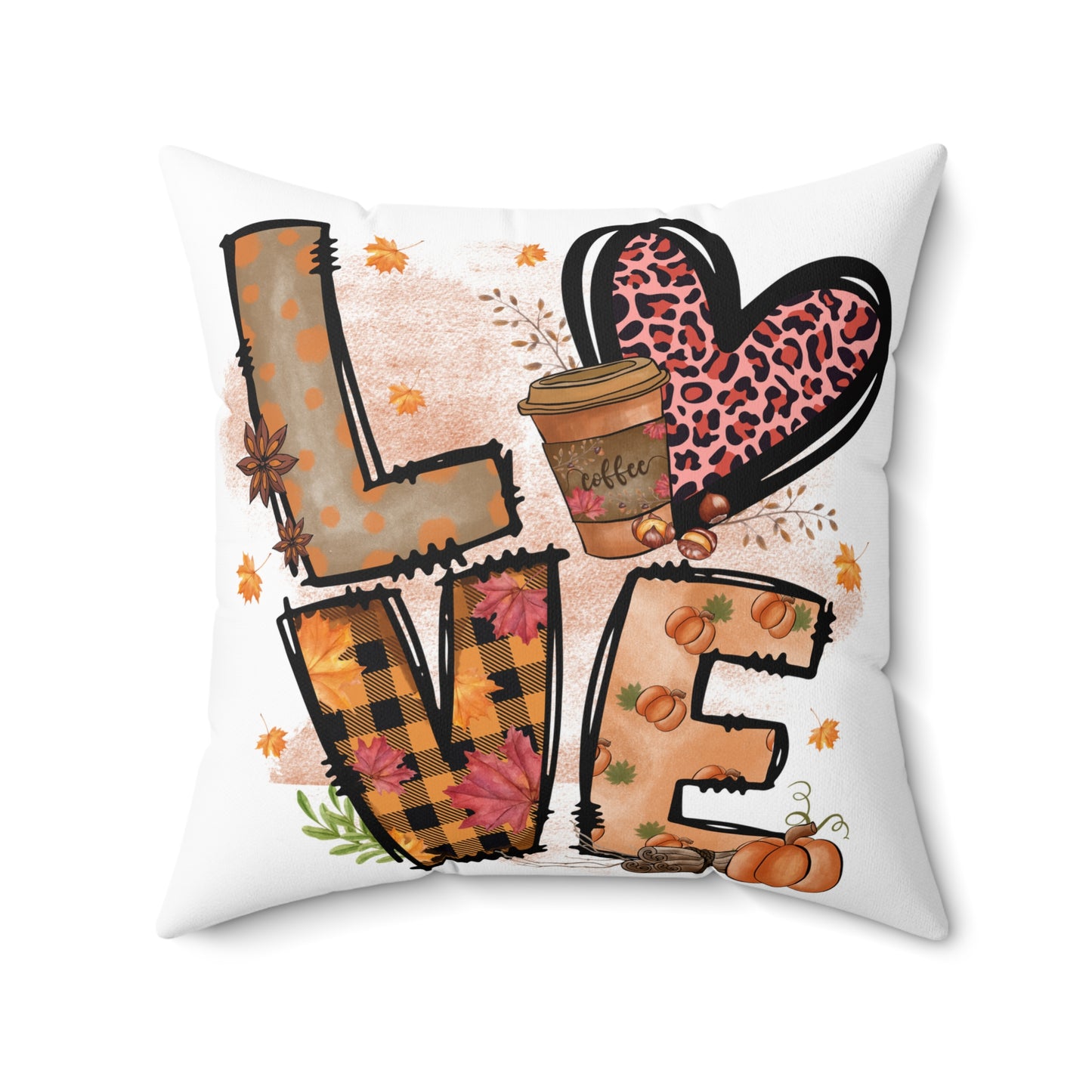Autumn LOVE Pillow — Fall Plaid Pumpkin Coffee Decorative Throw Pillow