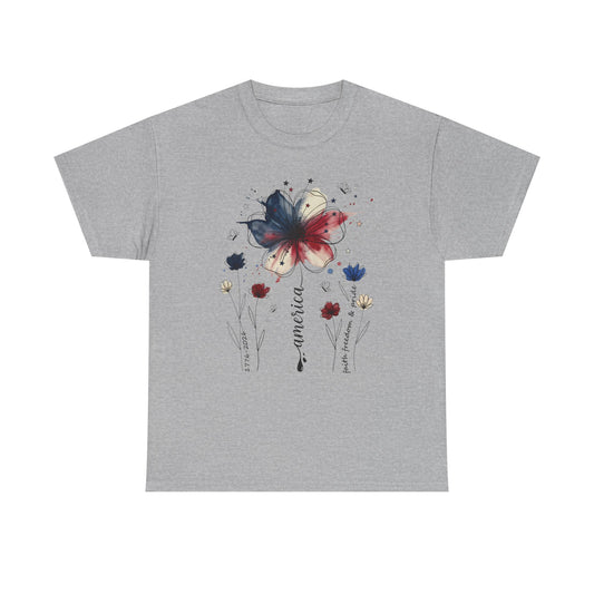 Patriotic Watercolor Butterfly T‑Shirt — America Floral Tee