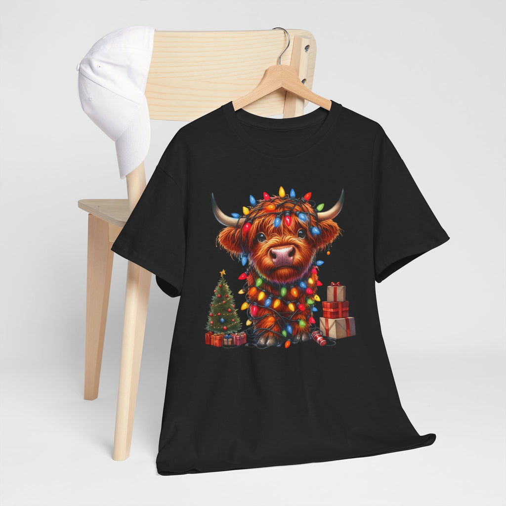 Festive Highland Cow Heavy Cotton Tee - Holiday Cheer