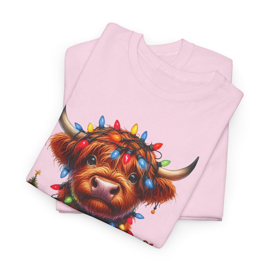 Festive Highland Cow Heavy Cotton Tee - Holiday Cheer