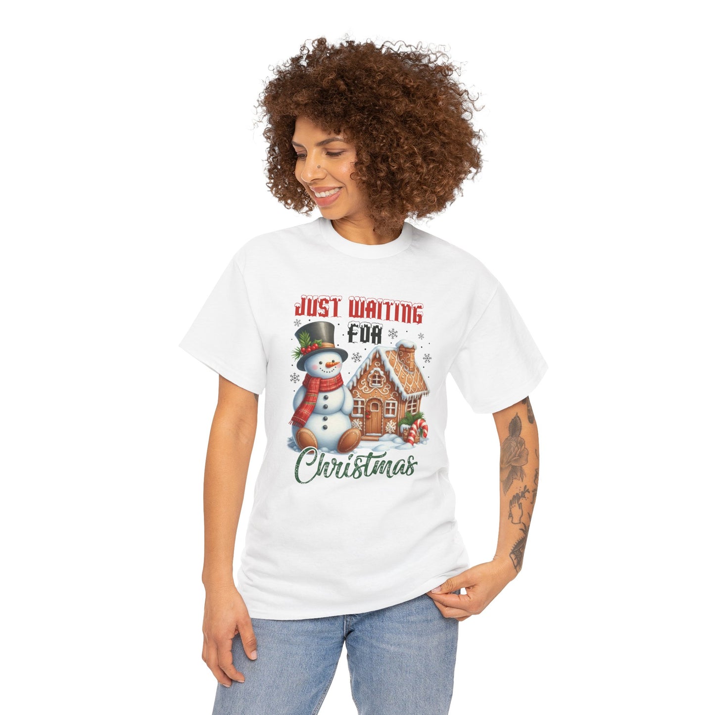 Christmas Snowman Heavy Cotton Tee - 'Just Waiting for Christmas'