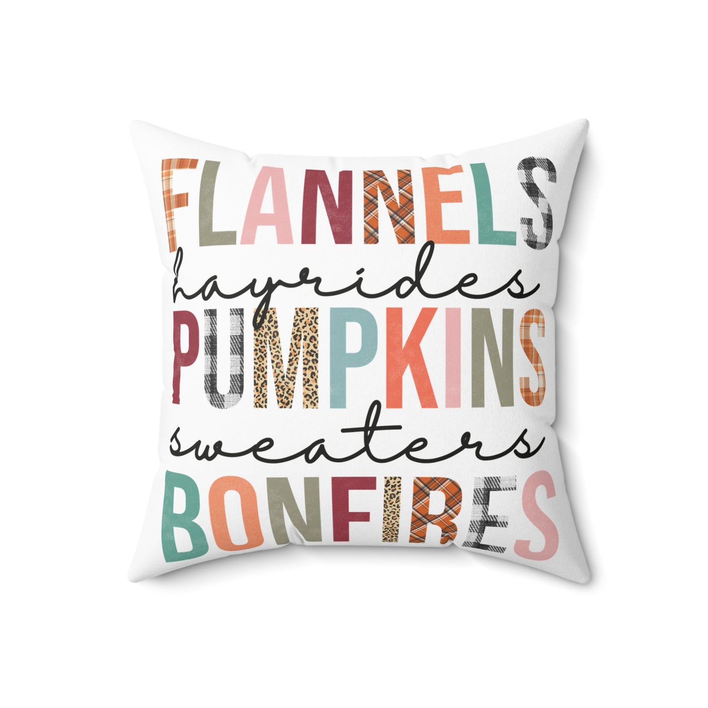 Autumn Vibes Pillow — “Flannels, Hayrides, Pumpkins, Sweaters, Bonfires” Decorative Throw Pillow