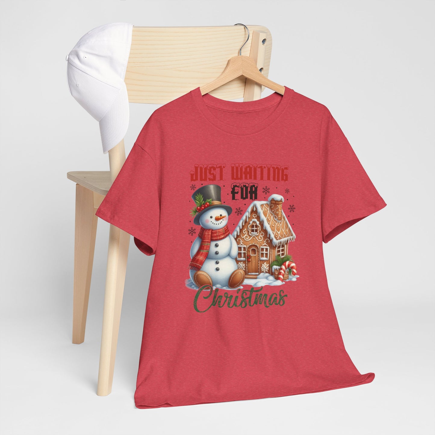 Christmas Snowman Heavy Cotton Tee - 'Just Waiting for Christmas'