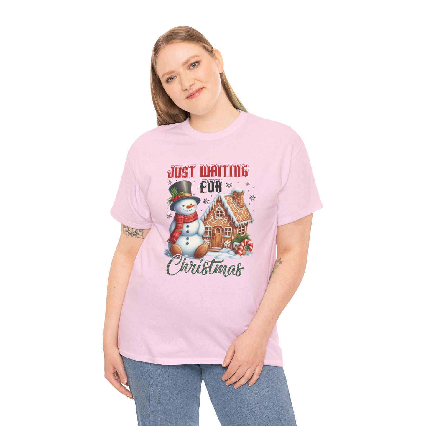 Christmas Snowman Heavy Cotton Tee - 'Just Waiting for Christmas'