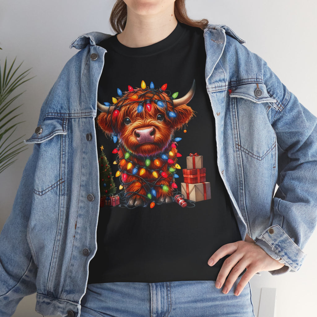 Festive Highland Cow Heavy Cotton Tee - Holiday Cheer