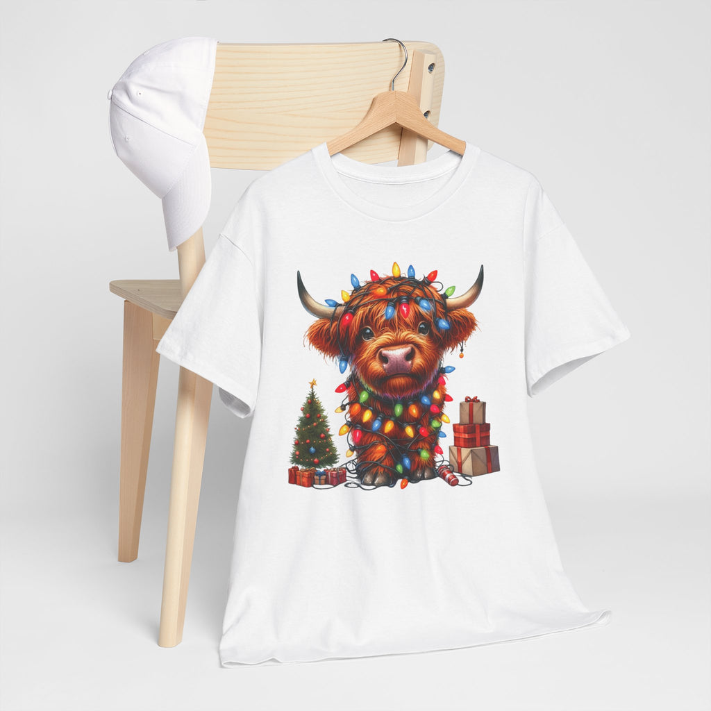 Festive Highland Cow Heavy Cotton Tee - Holiday Cheer