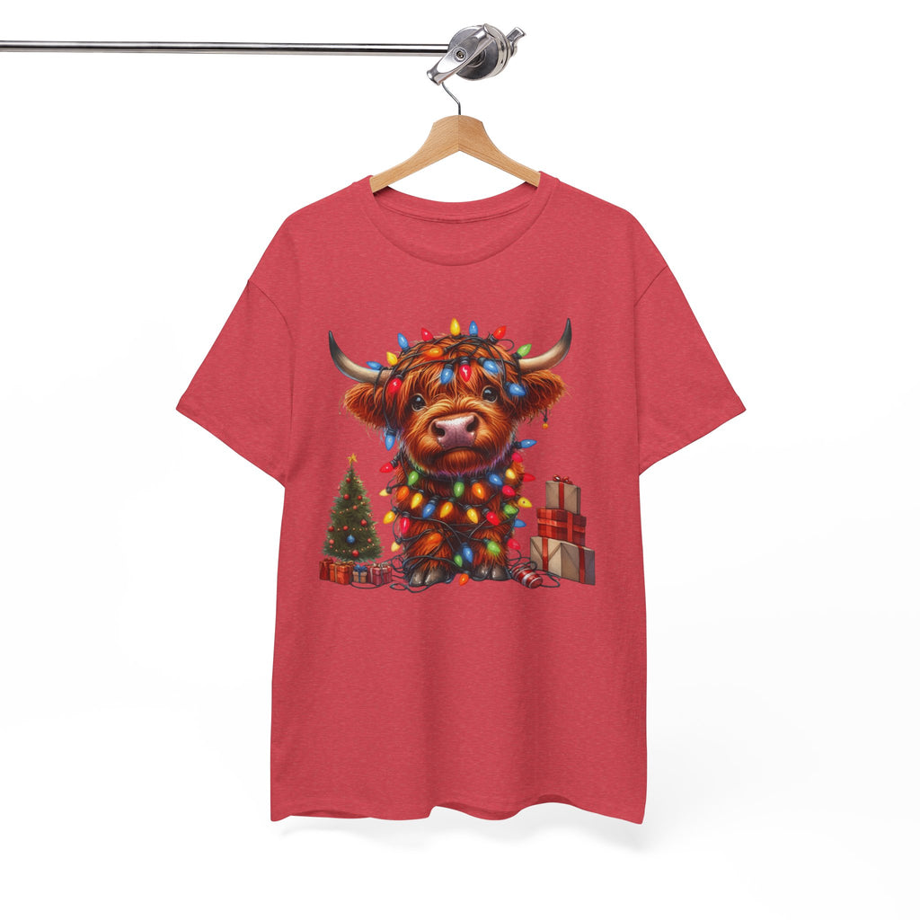 Festive Highland Cow Heavy Cotton Tee - Holiday Cheer