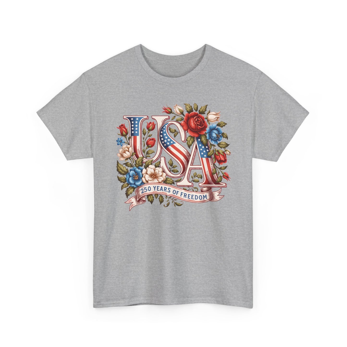 USA Floral Patriotic T-Shirt – "250 Years of Freedom" Vintage Americana Tee