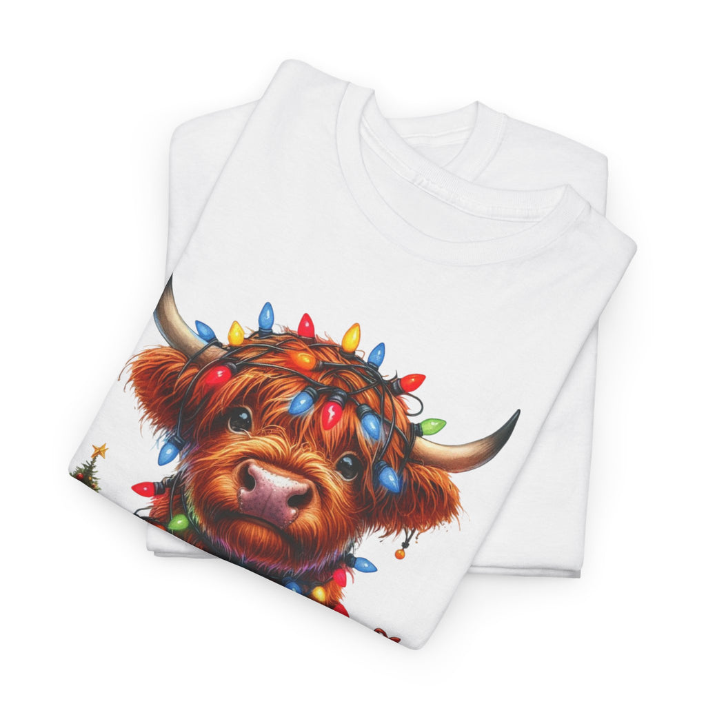 Festive Highland Cow Heavy Cotton Tee - Holiday Cheer