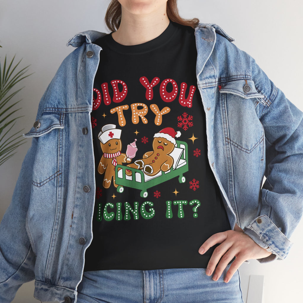 Playful Holiday Heavy Cotton Tee - 'Did You Try Icing It?'