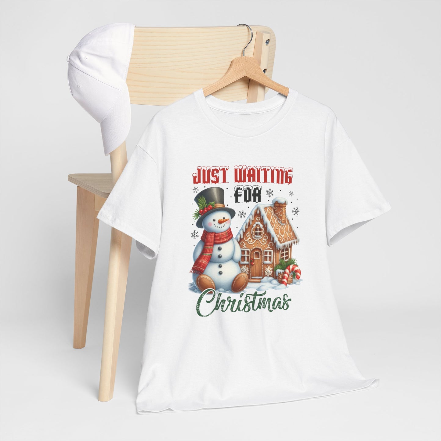 Christmas Snowman Heavy Cotton Tee - 'Just Waiting for Christmas'