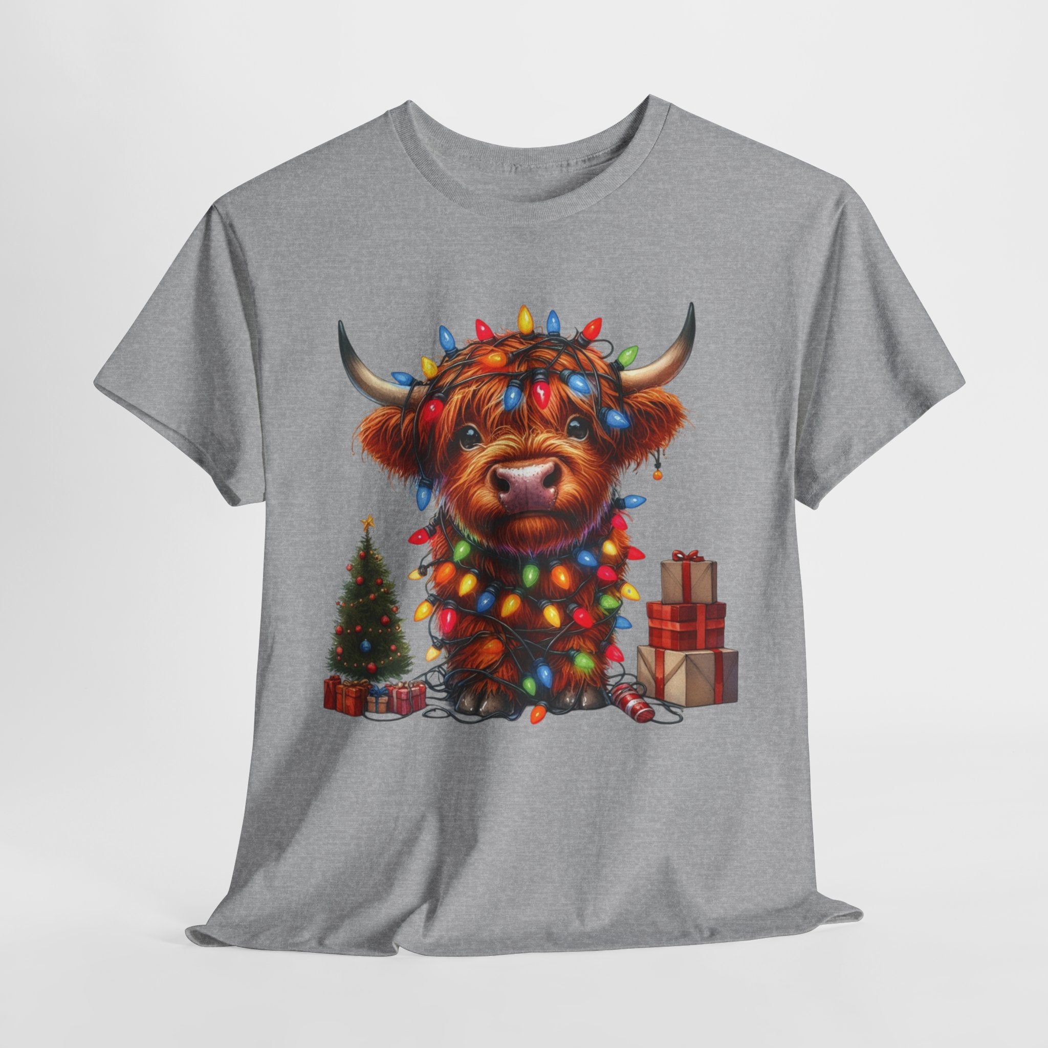 Festive Highland Cow Heavy Cotton Tee - Holiday Cheer