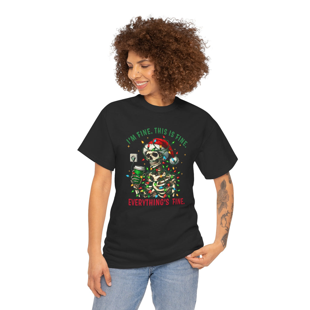 Funny Christmas Skeleton Tee - 'I'm Fine, This is Fine' Holiday T-Shirt