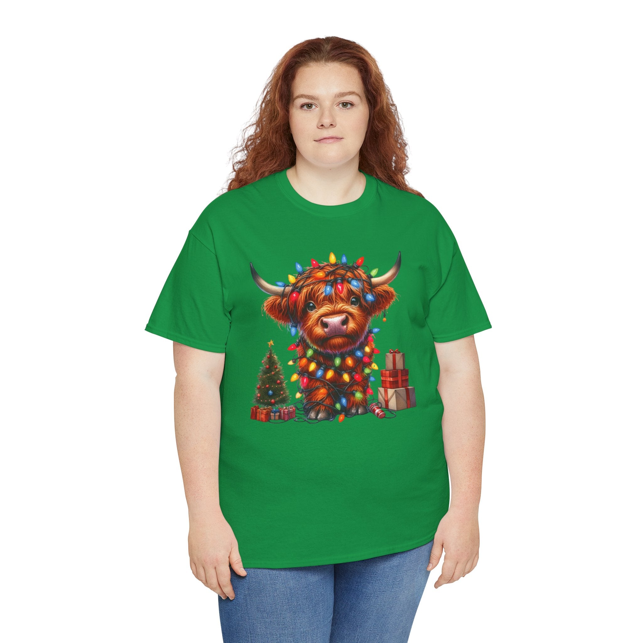 Festive Highland Cow Heavy Cotton Tee - Holiday Cheer