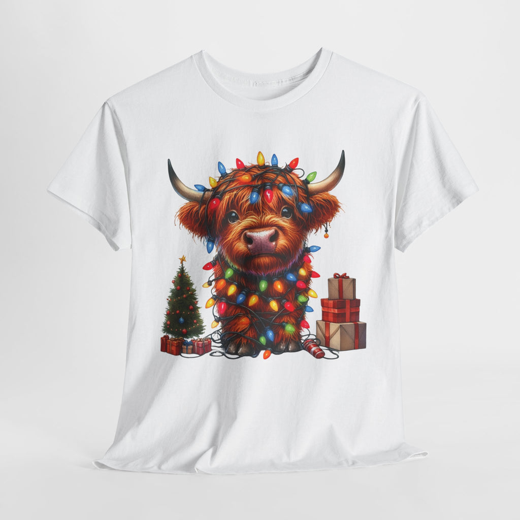 Festive Highland Cow Heavy Cotton Tee - Holiday Cheer