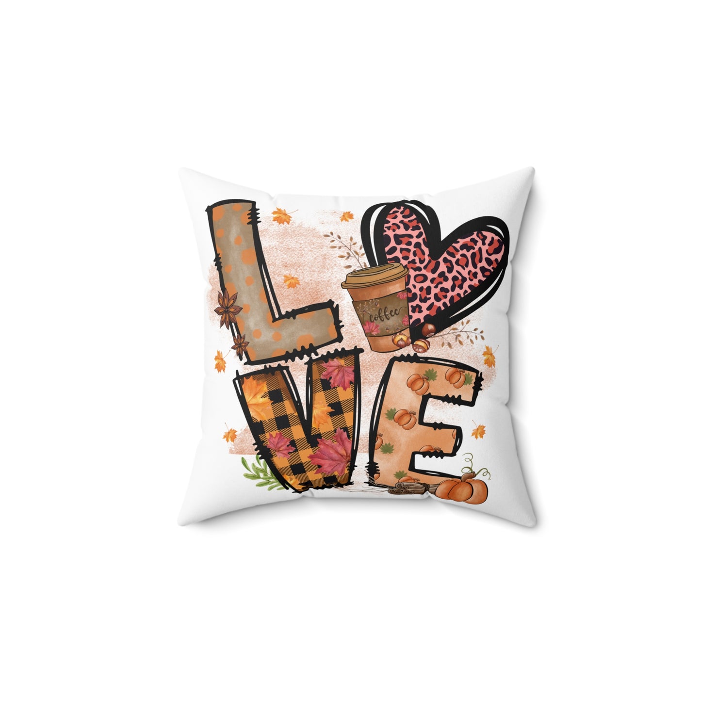 Autumn LOVE Pillow — Fall Plaid Pumpkin Coffee Decorative Throw Pillow