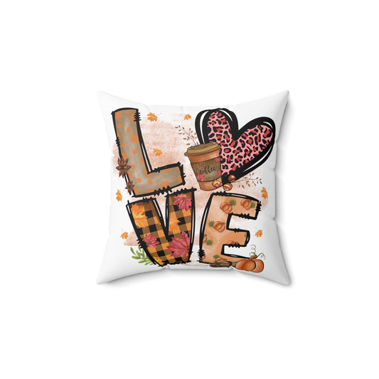 Autumn LOVE Pillow — Fall Plaid Pumpkin Coffee Decorative Throw Pillow