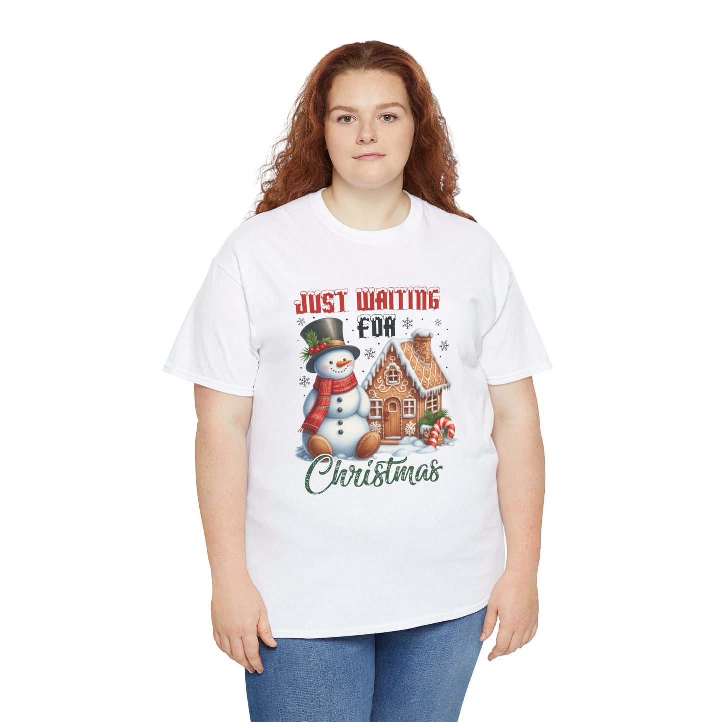 Christmas Snowman Heavy Cotton Tee - 'Just Waiting for Christmas'