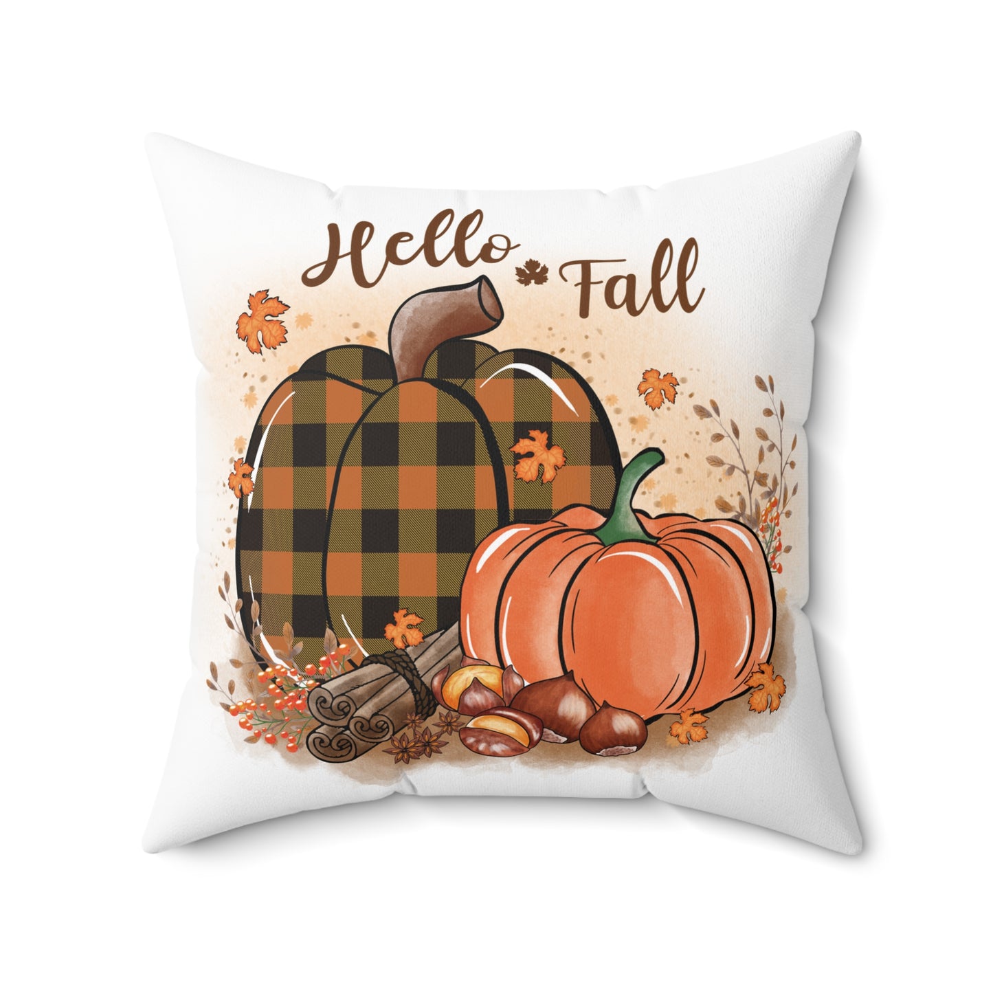 Hello Fall Pumpkin Throw Pillow — Plaid & Orange Autumn Decor