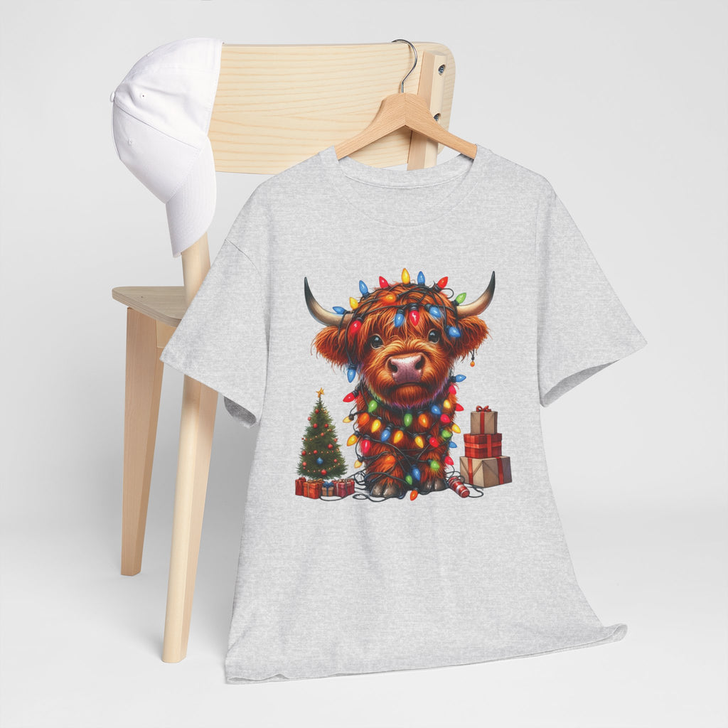 Festive Highland Cow Heavy Cotton Tee - Holiday Cheer