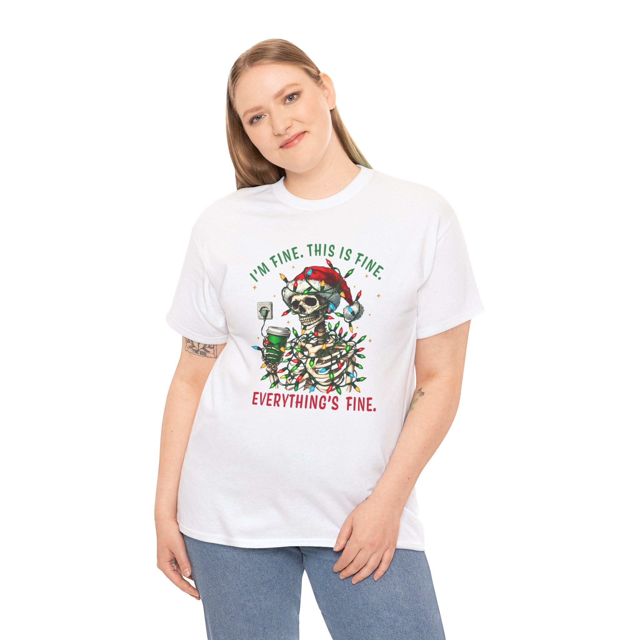 Funny Christmas Skeleton Tee - 'I'm Fine, This is Fine' Holiday T-Shirt