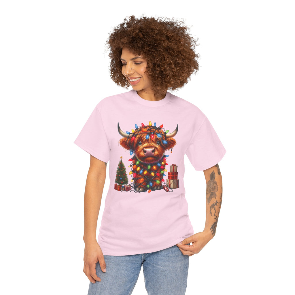 Festive Highland Cow Heavy Cotton Tee - Holiday Cheer