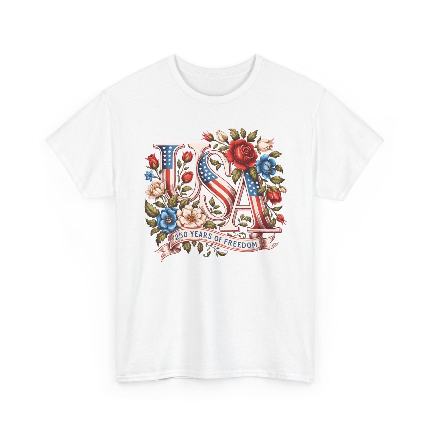 USA Floral Patriotic T-Shirt – "250 Years of Freedom" Vintage Americana Tee