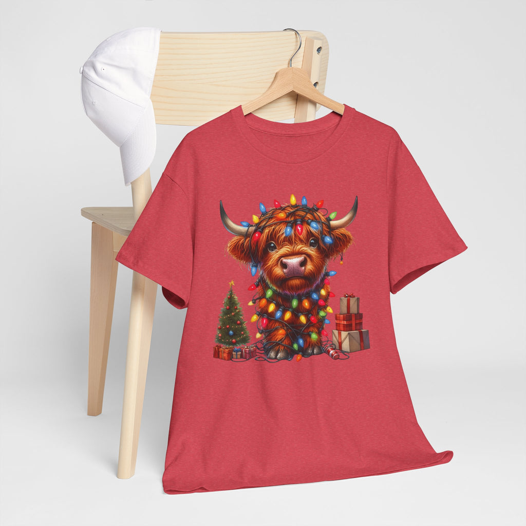 Festive Highland Cow Heavy Cotton Tee - Holiday Cheer