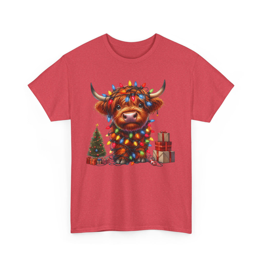 Festive Highland Cow Heavy Cotton Tee - Holiday Cheer